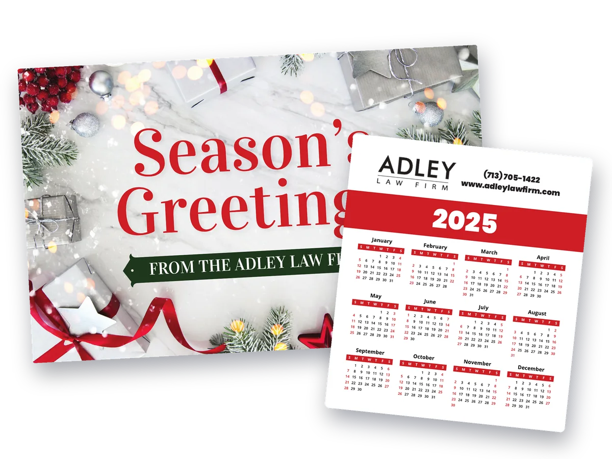 Season’s Greetings jumbo postcard with a red and white 2025 calendar magnet showing the law firm’s logo and phone number