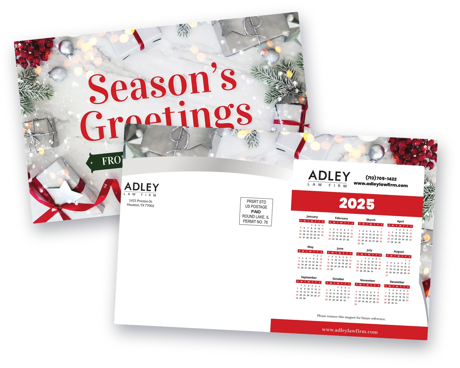 Holiday jumbo postcard with a removable 2025 calendar magnet attached on the address side, shown with the Season’s Greetings front