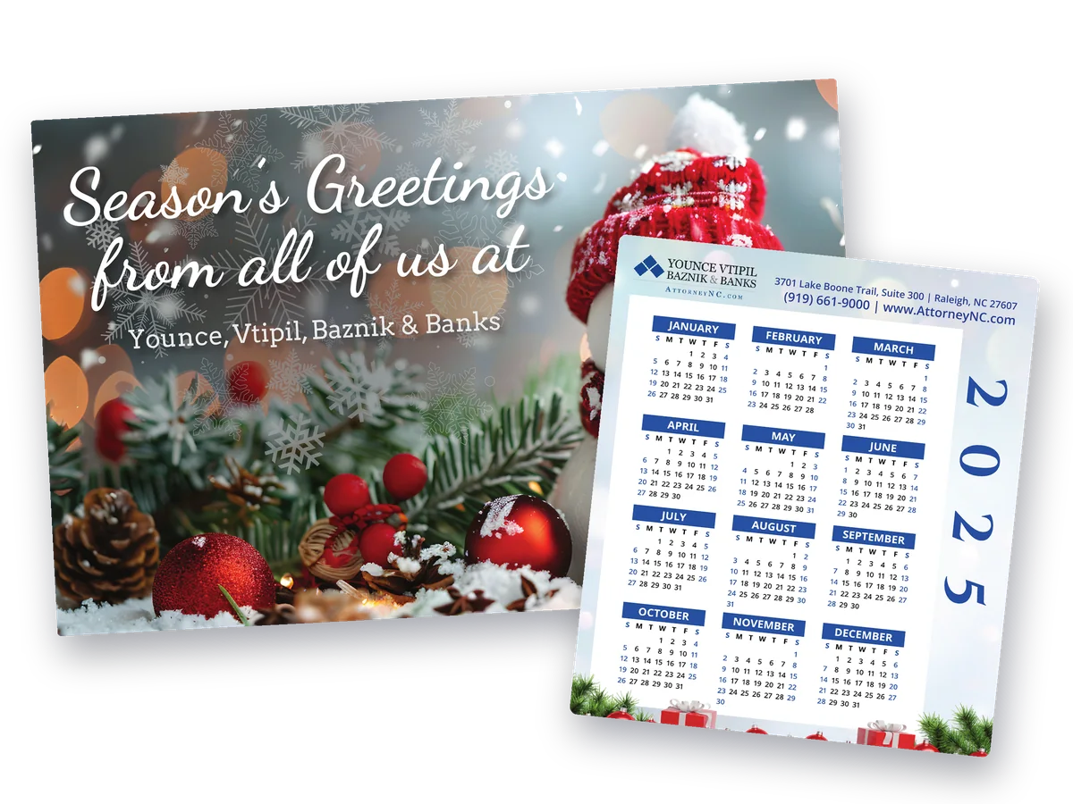 Snowman holiday postcard with a blue 2025 calendar magnet showing the law firm’s logo, address and phone number