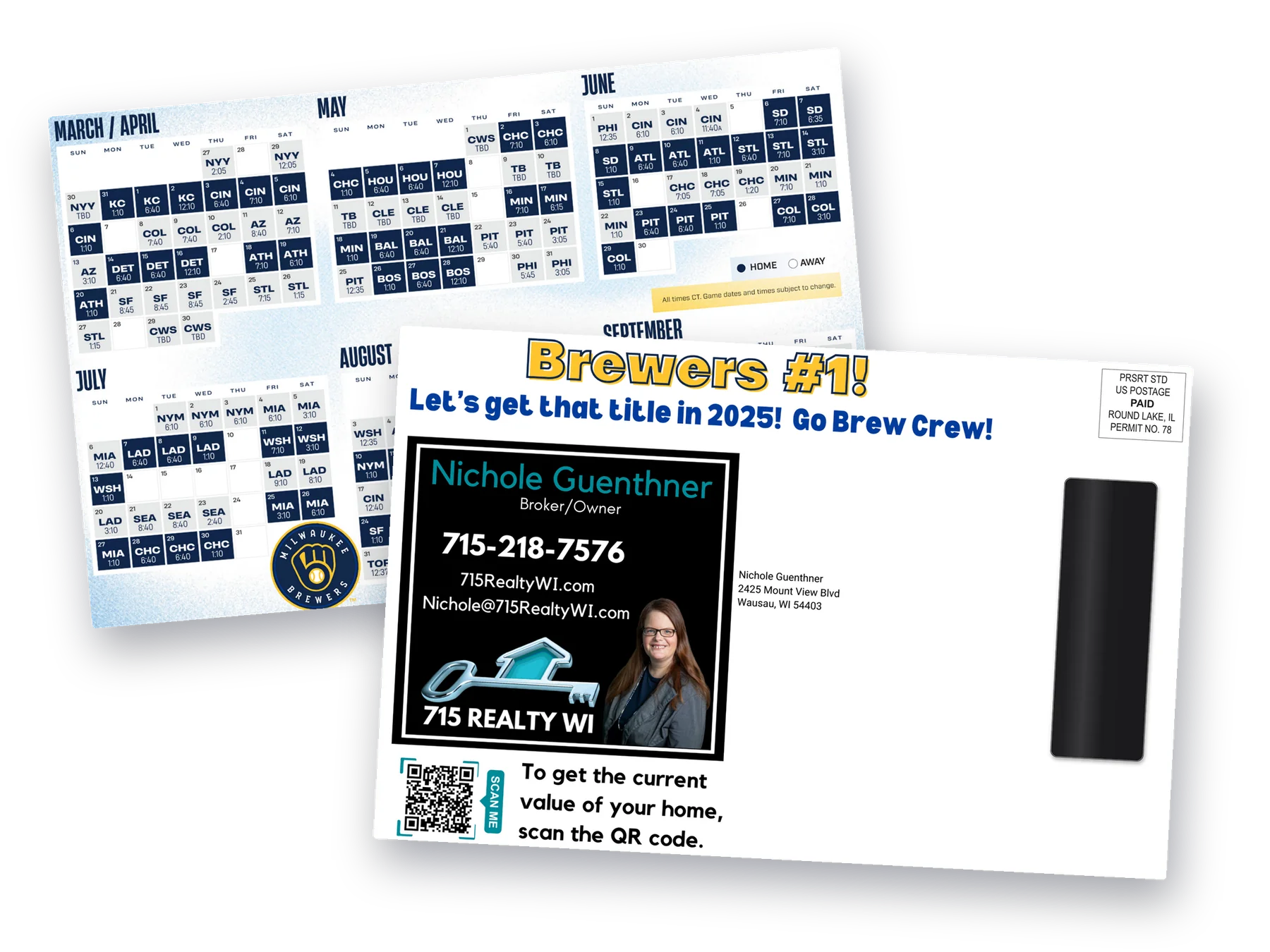 715 Realty WI Milwaukee Brewers schedule postcard with a magnet strip on the back