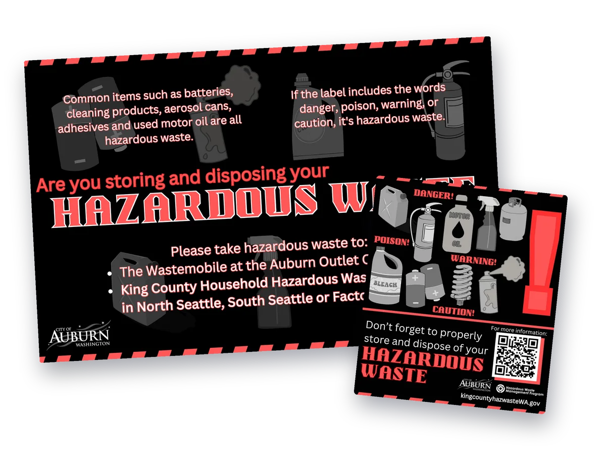 City of Auburn hazardous waste postcard with a large removable magnet listing what counts as hazardous waste
