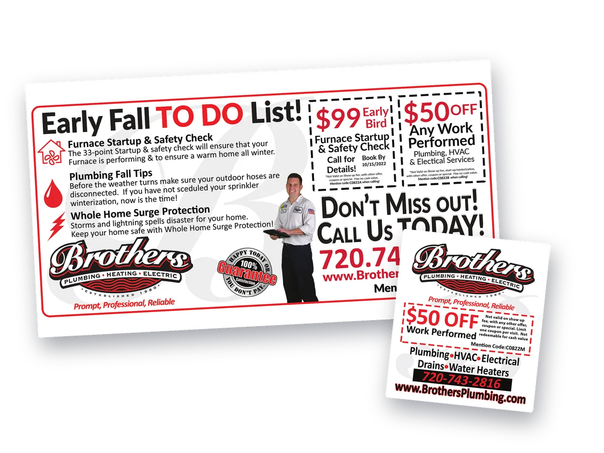 Brothers Plumbing, Heating and Electric fall to-do list postcard with a large removable magnet coupon