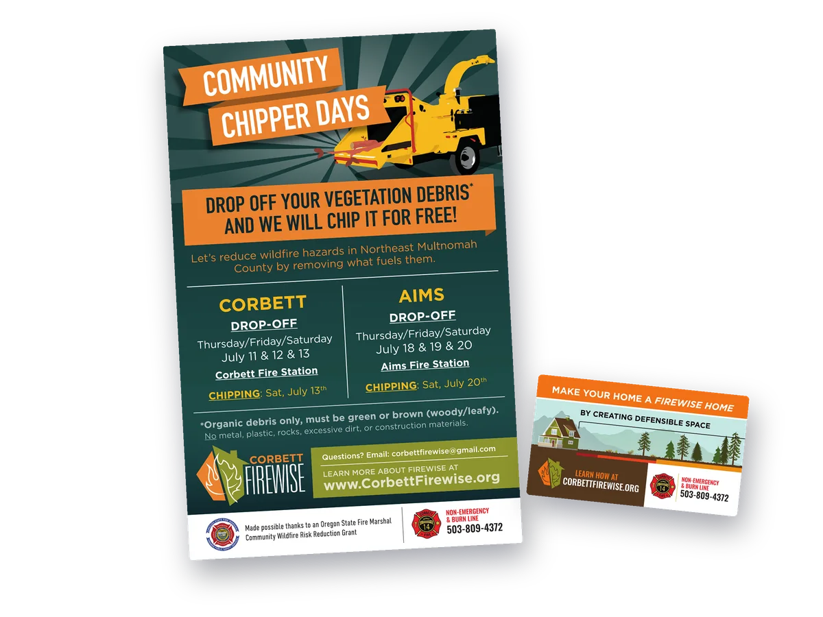 Corbett Firewise community chipper days vertical postcard with a removable magnet