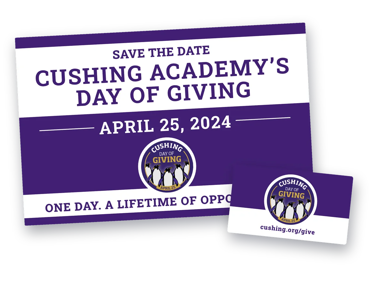Cushing Academy Day of Giving save-the-date postcard with a removable magnet