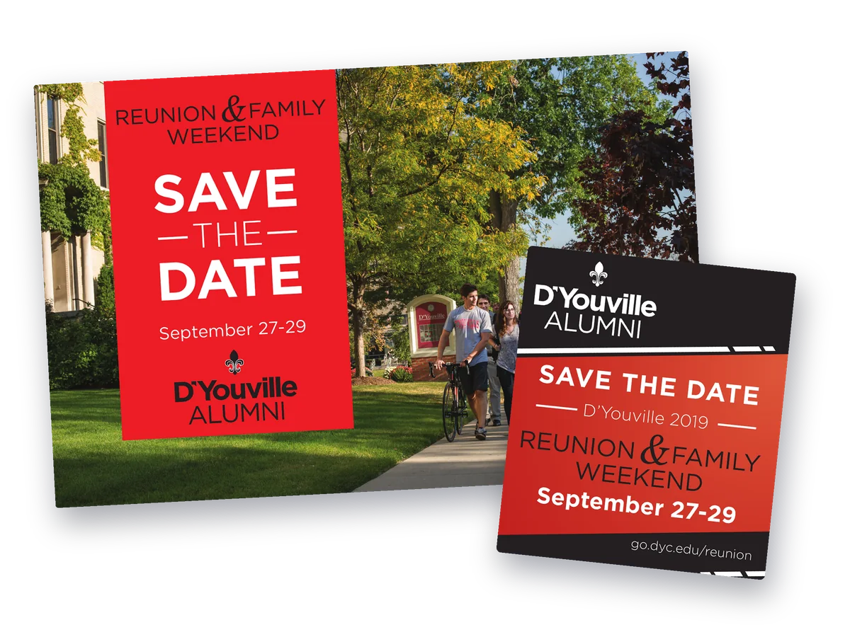 D’Youville alumni reunion and family weekend save-the-date postcard with a large removable magnet