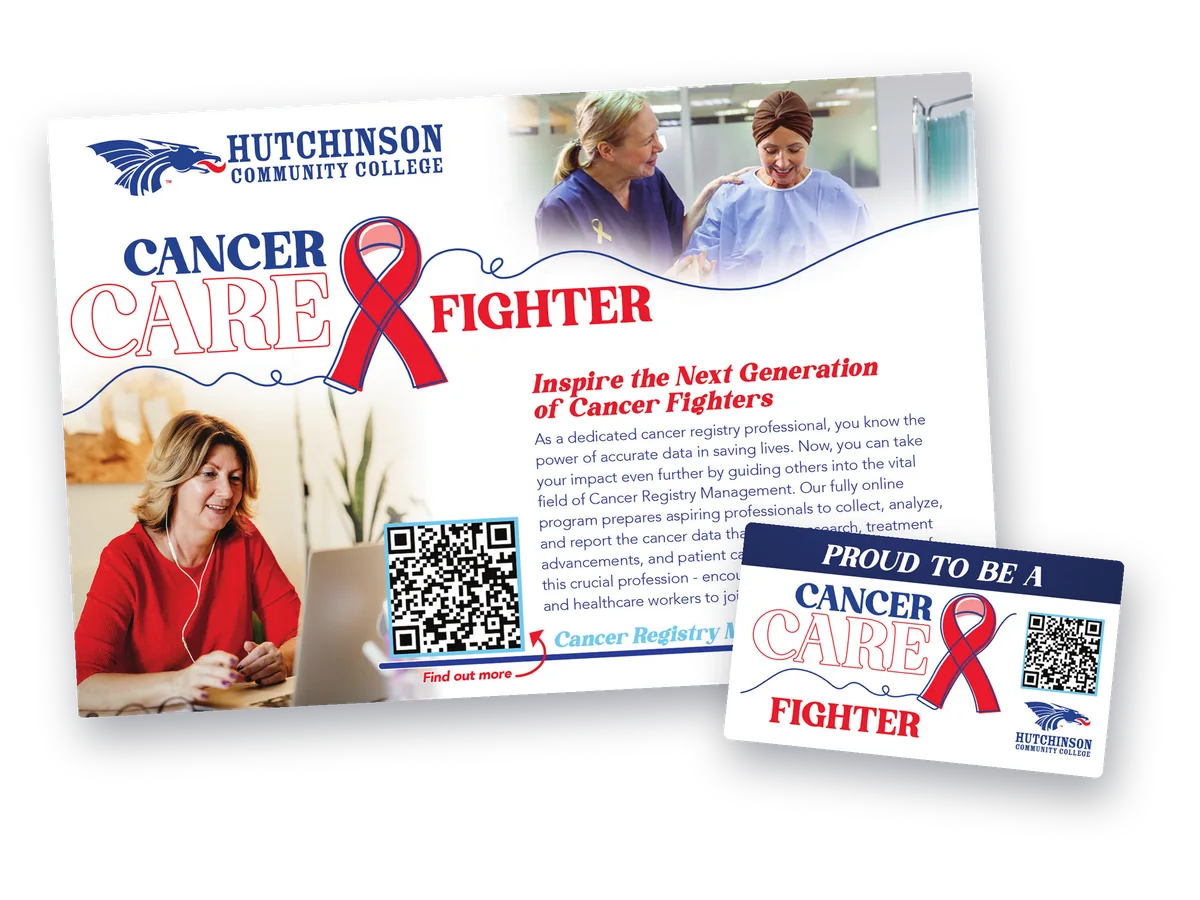 Hutchinson Community College Cancer Care Fighter postcard with a removable magnet and QR code