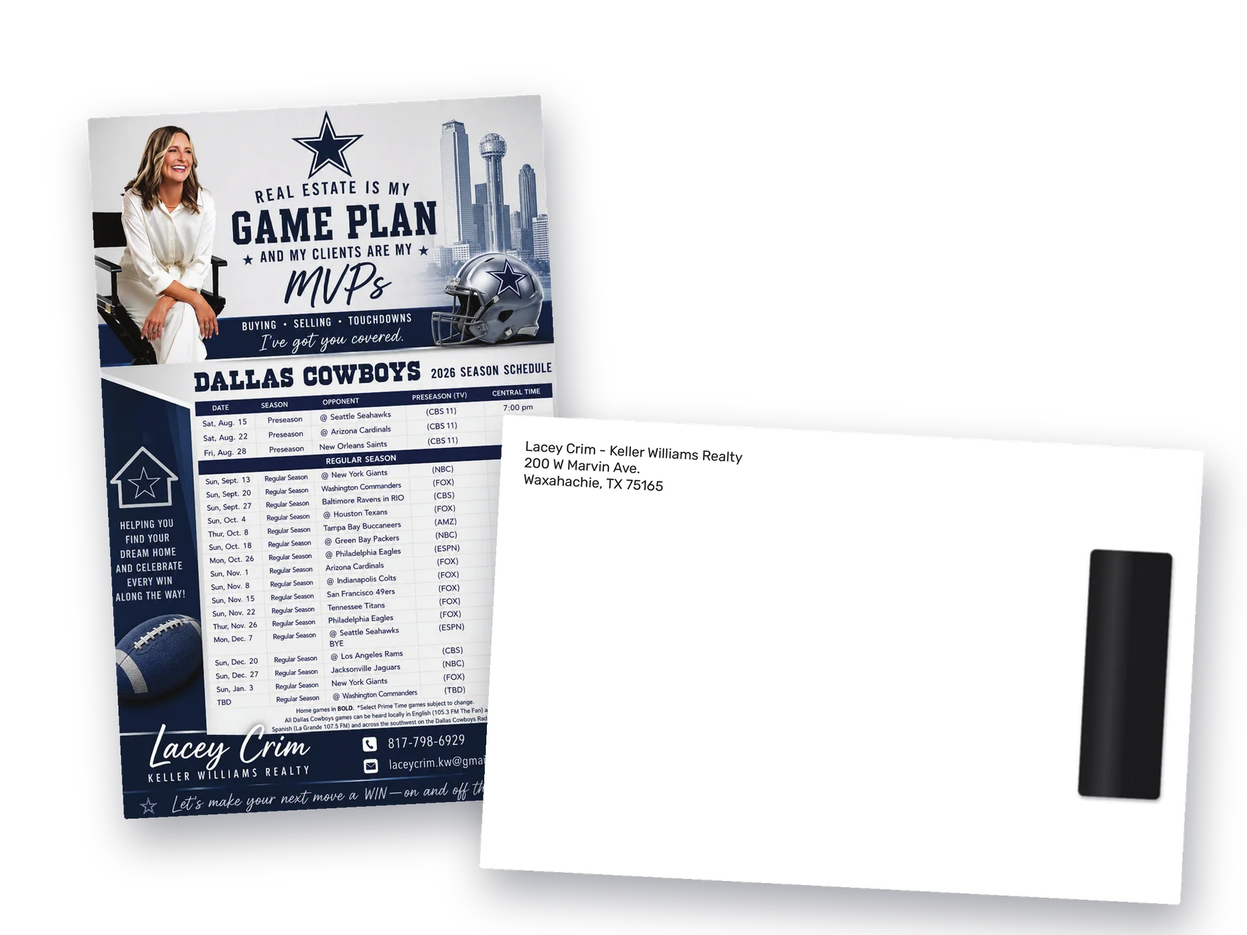 Lacey Crim, Keller Williams Realty, Dallas Cowboys schedule postcard with a magnet strip on the back
