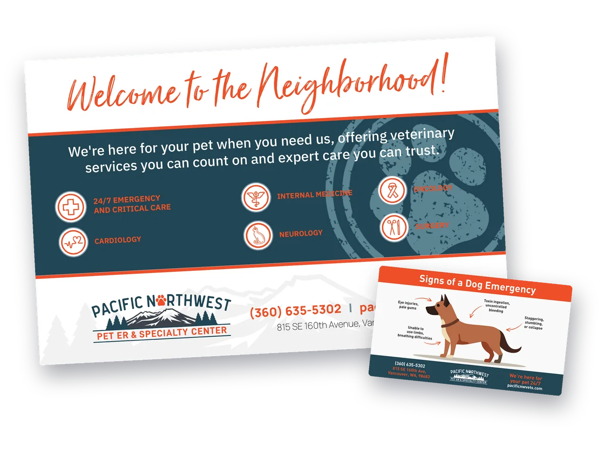 Pacific Northwest Pet ER and Specialty Center welcome postcard with a signs-of-a-dog-emergency magnet