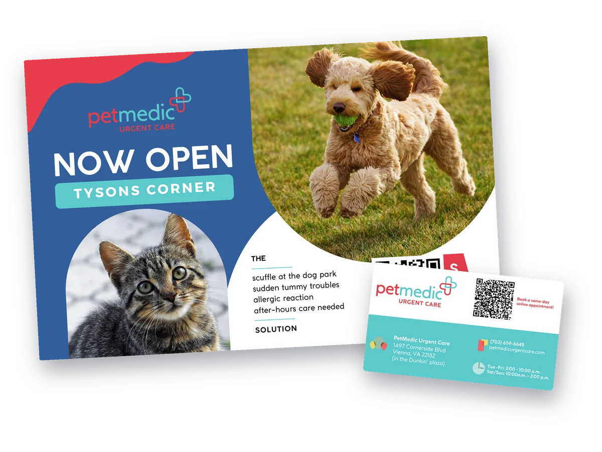 Petmedic Urgent Care Now Open postcard with a removable magnet and QR code