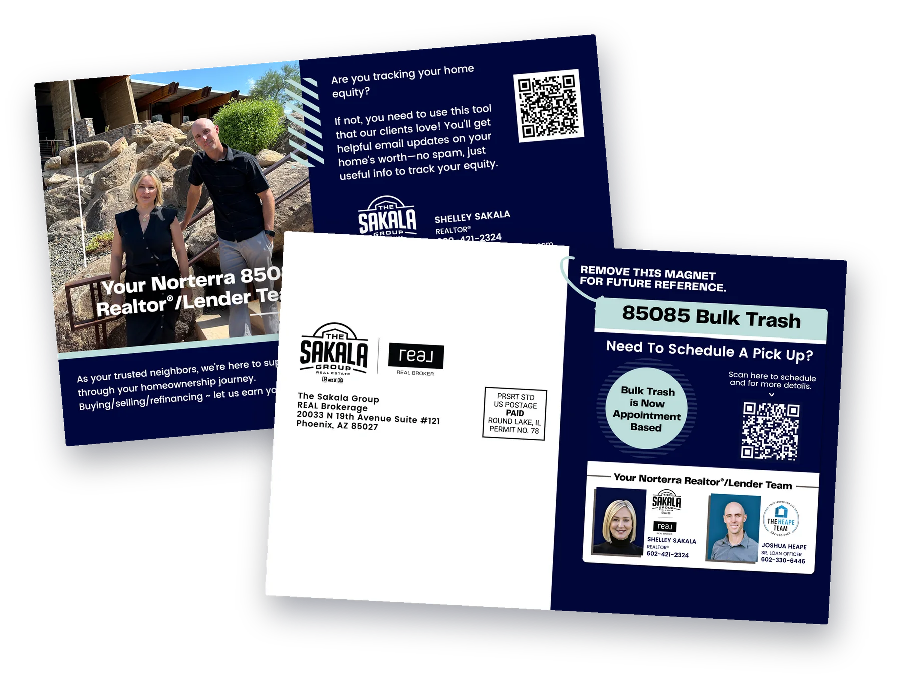 The Sakala Group realtor and lender team postcard, front and back, with a large removable magnet listing the neighborhood bulk trash schedule