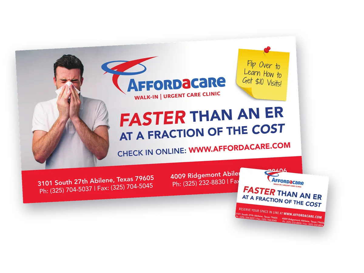 Affordacare urgent care postcard, Faster Than an ER, with a matching removable magnet