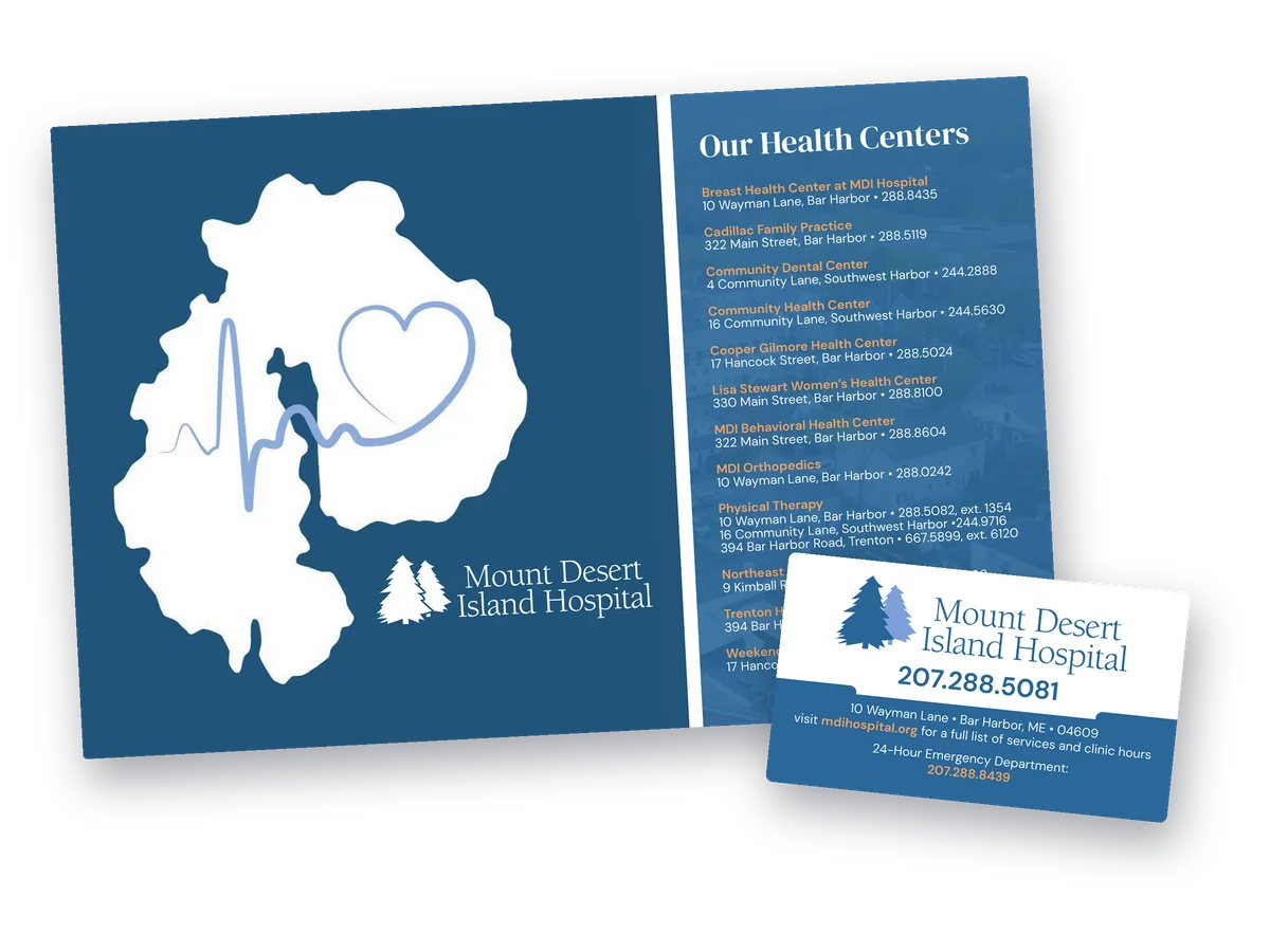 Mount Desert Island Hospital postcard listing its health centers, with a removable magnet showing the hospital phone number