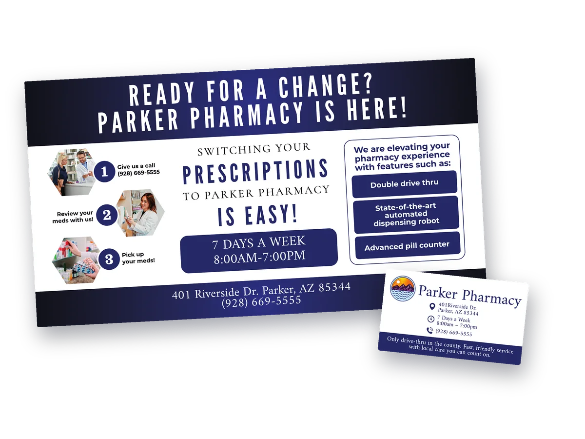 Parker Pharmacy new pharmacy postcard with a removable magnet showing address, hours and phone