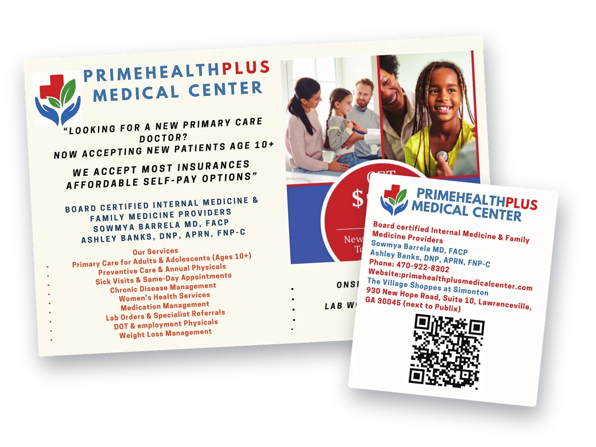 PrimeHealthPlus Medical Center new patient postcard with a large removable magnet and QR code