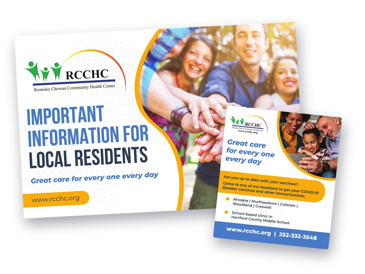 Roanoke Chowan Community Health Center postcard for local residents with a large removable magnet listing clinic locations and vaccine information