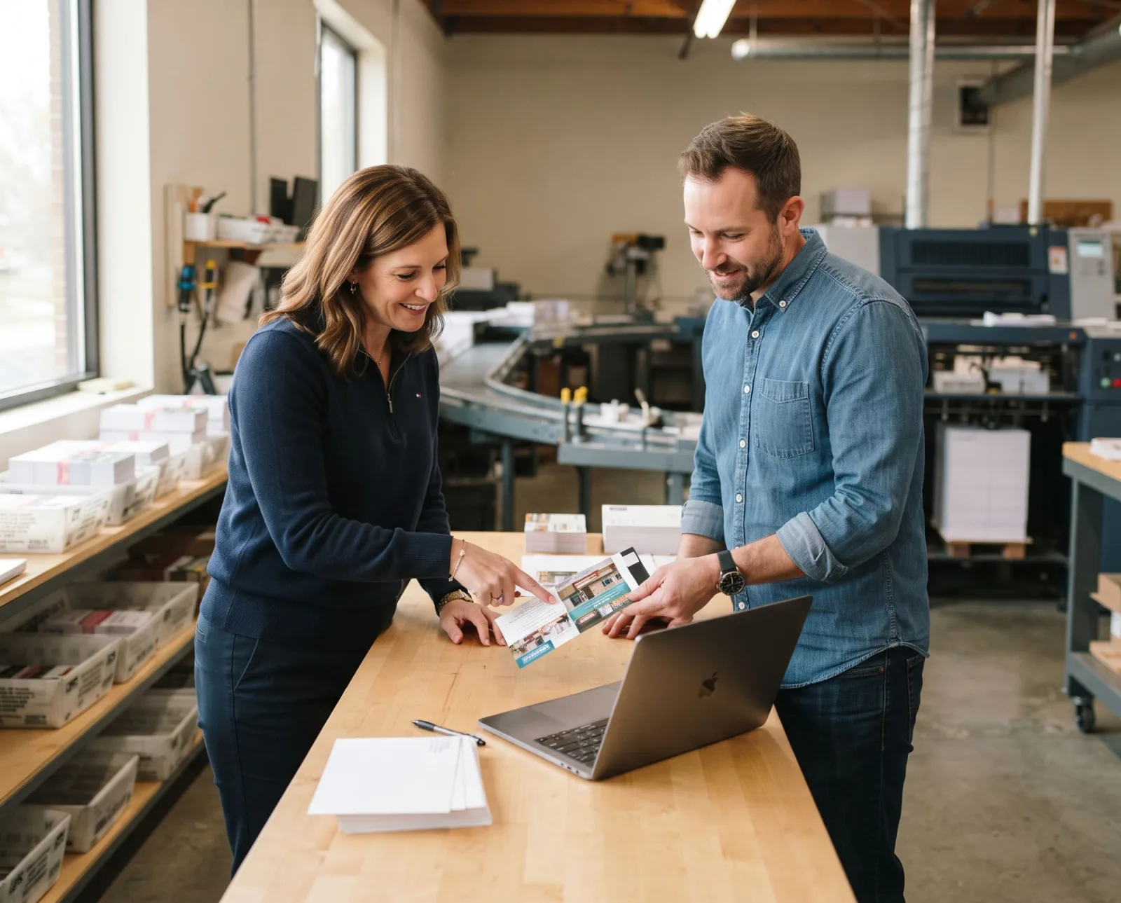 Two print shop employees review a printed mail piece together beside a laptop